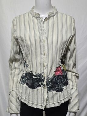 Johnny Was 3J Workshop Peacock Embroidered Striped Button Down Boho Shirt -VTG M